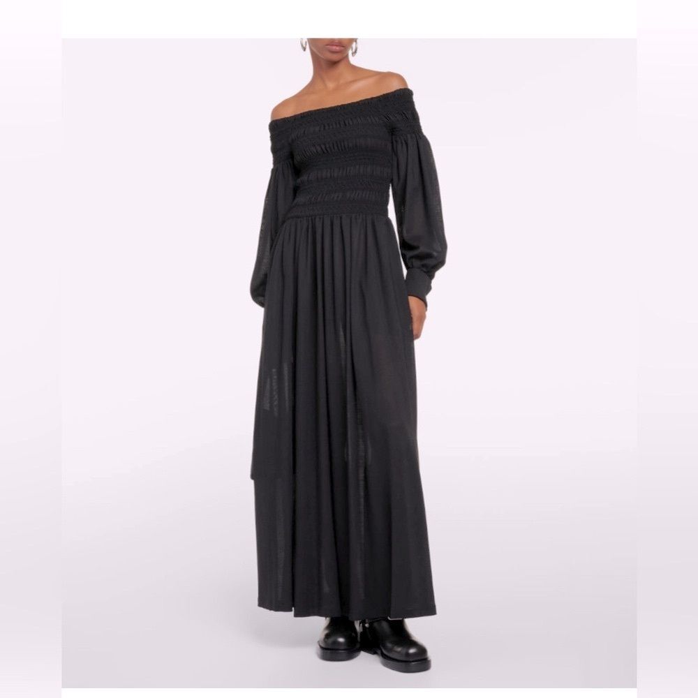 Xirena Arly Woven off shoulder black rayon dress